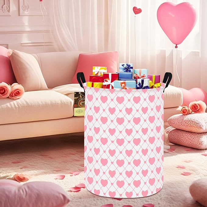 Collapsible Fabric Storage Basket, Waterproof Laundry Hamper with Handles, Round Storage Bin for Clothes Toys, Foldable Organizer for Bedroom Nursery Bathroom(Round-Heart)