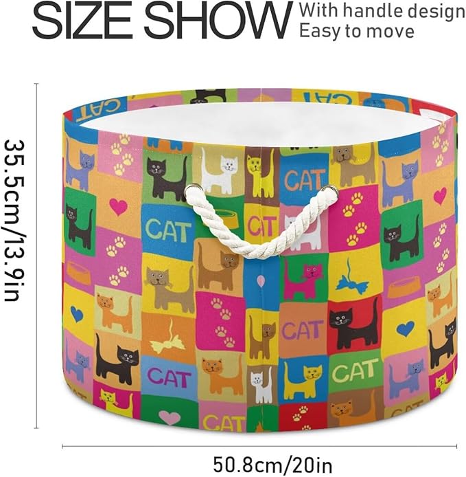 Colorful Cat Print Round Storage Basket Pet Kitten Paild Large Laundry Hamper 20 x 20 x 14 Inches Organizer Bin with Cotton Rope Handles Clothes Storage Bag for Nursery Bedroom Living Room Decor