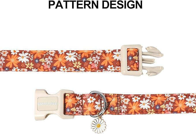 Lionet Paws Vintage Floral Dog Collar- Cute Fall Groundsel Oxalis Golden-Rod Dog Collars with Plastic Buckle, Light Adjustable Brown Dog Collars for Medium Dogs