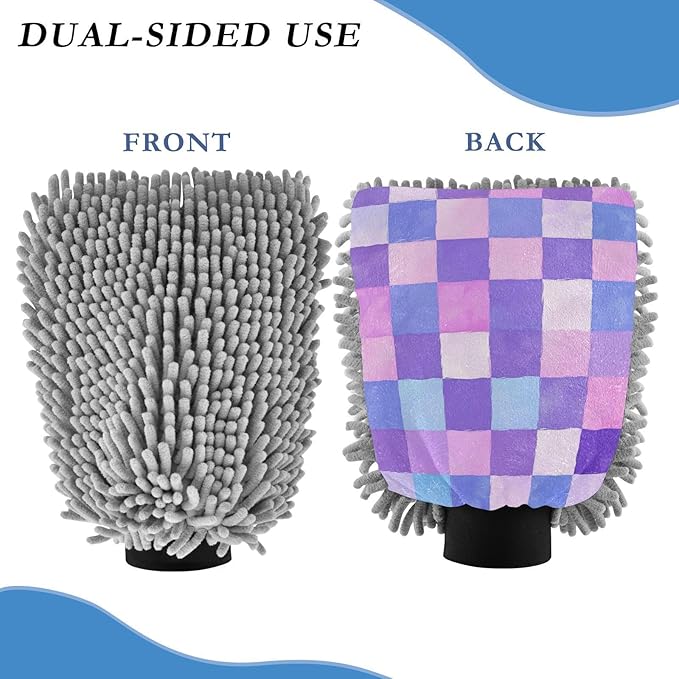 Car Wash Mitt Microfiber Wash Mitts for Car Washing Scratch-Free Cleaning Gloves Soft Non Absorbent Chenille Auto Hand Mitt Medium 2Pack Purple Checkered
