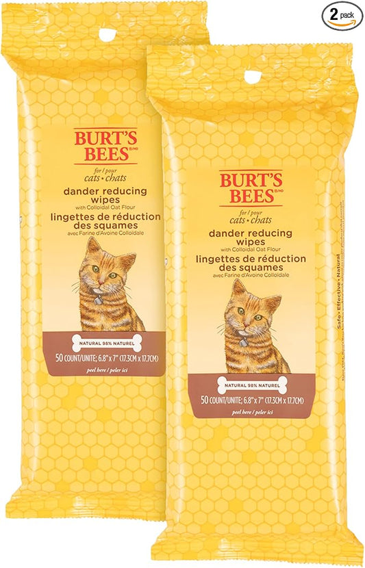 BURT'S BEES FOR PETS Cat Dander Remover Wipes, Colloidal Oat Flour and Aloe to Soothe Dry Skin and Reduce Flaking, Unscented Grooming Cloths for Cats and Kittens, 50 Count - 2 Pack