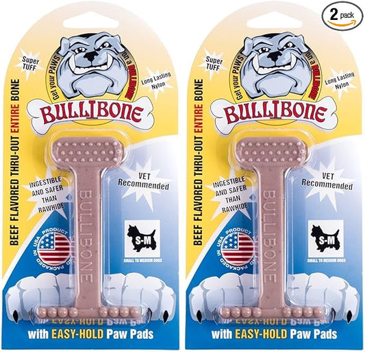 Bullibone Nylon Dog Chew Toy for Aggressive Chewers - Dental Hygiene Bone with Beef Flavor, Durable Tough Chew Toys for Small Dogs, Indestructible Dog Bone - 2 Pack