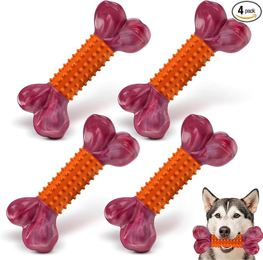 Apasiri 4-Pack Tough Dog Toys for Aggressive Chewers: Peanut Butter Flavored Long Lasting Dog Bones, Heavy Duty Nylon & Rubber Dog Chew Toys to Keep Them Busy, Medium & Large Breed, Orange