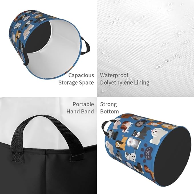 Cute Dogs Blue Round Laundry Hamper Storage Basket Toys Clothes Organizer Bin For Home Bathroom Bedroom Dorm Nursery, 62l