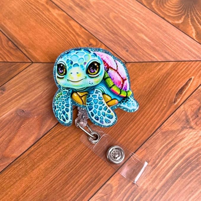 YJ PREMIUMS Turtle Badge Reel Holder Sea Turtle Name Tag ID Alligator Clip Retractable Reels Lanyard for Nurse Pediatric PEDS | Cute Shell Animals Fish Summer Tropical Beach Crystal Supplies Gifts