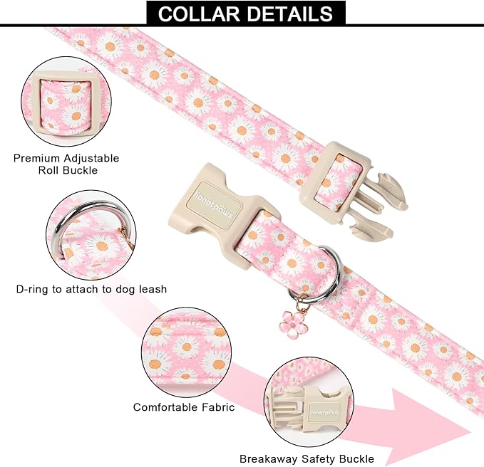 Lionet Paws Floral Dog Collar- Cute Daisy Pink Dog Collars with Plastic Buckle, Light Adjustable Dog Collars for Medium Dogs