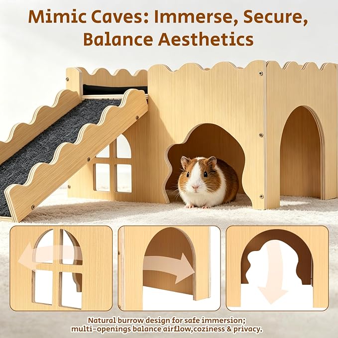 Wooden Guinea Pig Hideout Cave House, Guinea Pig Castle with Natural Cave-Style Entrance, Large Small Animal Habitat with Stairs, Waterproof Liner, Easy Assembly for Guinea Pigs, Rabbits & Hamsters
