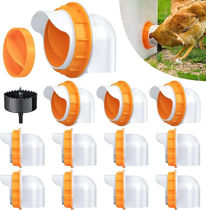 Chicken Feeder Port, 12 Pack Chicken Feeders No Waste with 12 Lids 1 Drill Bit, DIY Automatic Poultry Feeder Cups Kit, Chicken Bucket Feeder for Barrels ((Orange)
