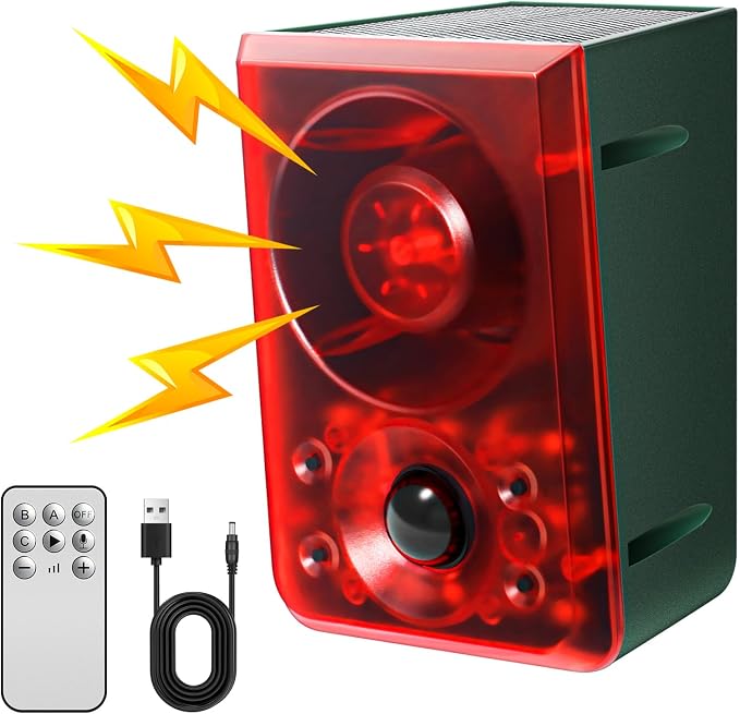 Solar Outdoor Motion Sensor Alarm - Dog Barking & Gunshot Sound, Support Recording and Volume Adjustment, 130dB Noise with Flashing Light to Deter Raccoon, Deer, Skunk, Bear, Coyote