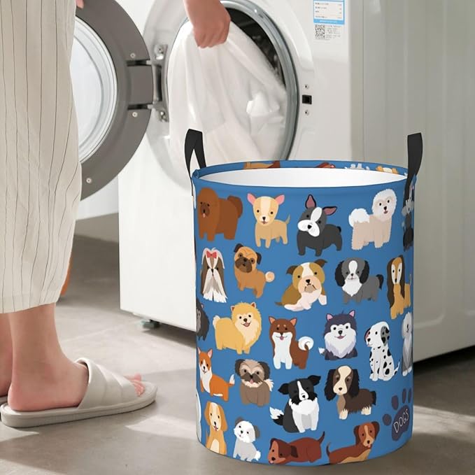 Cute Dogs Blue Round Laundry Hamper Storage Basket Toys Clothes Organizer Bin For Home Bathroom Bedroom Dorm Nursery, 38l