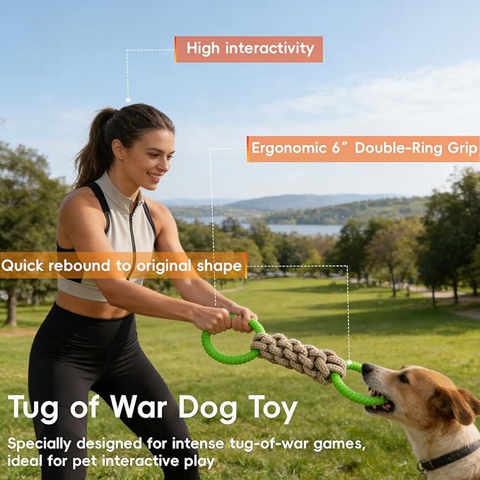 Tug of War Dog Toy - Rubber & Cotton Rope Toys for Dogs, Large Double Ring Dog Tug Toy, Interactive Dog Toys for Small Medium Large Dogs