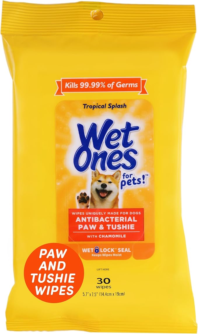 Wet Ones for Pets Paw and Tushie Dog Wipes with Chamomile, Tropical Splash Scent - Cleansing Grooming Wipes for Dog Paws and Butt Between Baths, Wet Lock Seal, 30 Count