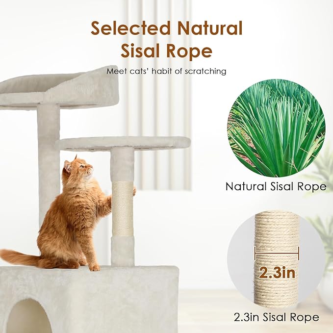 PayLessHere Cat Tree 62in Cat Tower with Cat Scratching Post,Multi-Level Cat Condo Stand House Furniture Kitty Activity Center with Furry Ball Toys Cat Tree for Indoor Cats,Beige