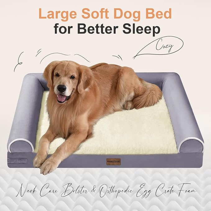 NANUYA Orthopedic Dog Bed for XX-Large Dogs, 44 x 34 Inch, Purple | Egg crate foam for joint support, 3-sided bolster pet sofa, waterproof lining, washable cover, and non-skid base