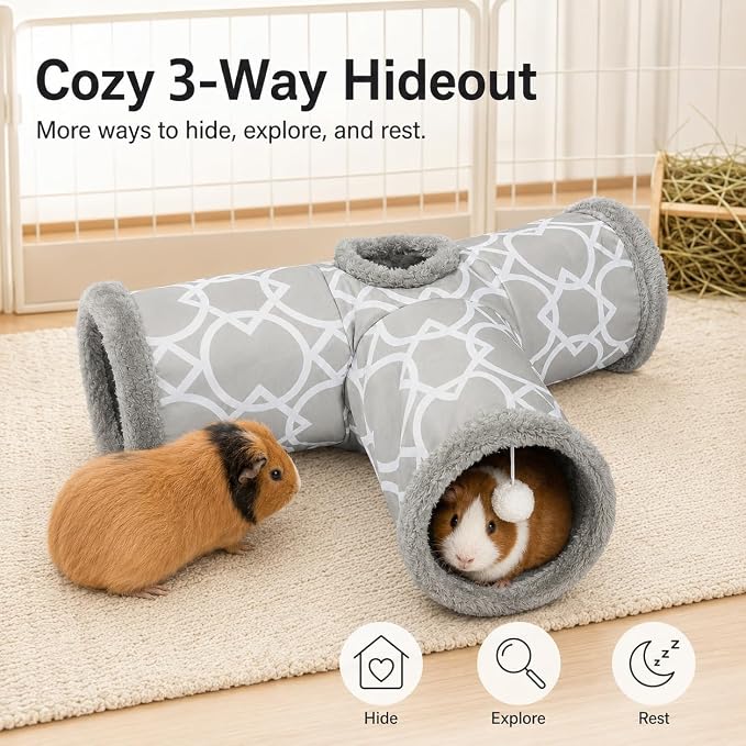 Plush Inside 3-Way Shape Small Animals Tube Tunnel with Interactive Ball for Guinea Pig, Hamster, Chinchilla, Hedgehog Hiding and Resting, Geometric Grey