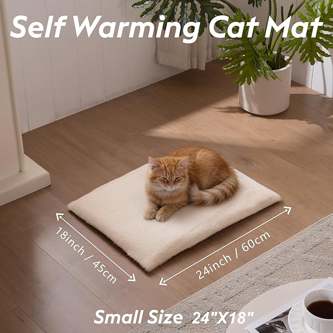 FunFurry Self Warming Cat Bed, Heating Cat Pad, Extra Soft Flannel Surface, Removable ＆ Washable, Thick Thermal Mat with Non-Slip Bottom (Ivory, 24" X 18")