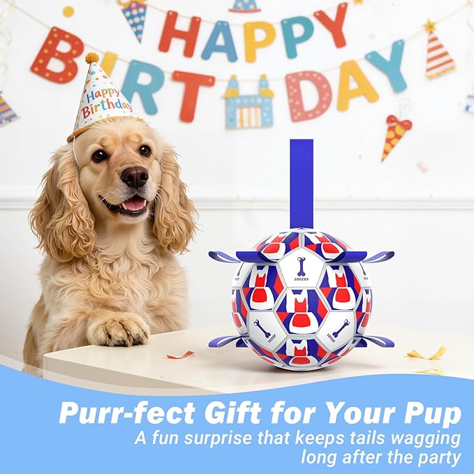 Dog Toy Balls, Dog Soccer Ball with Straps, Interactive World Cup Soccer Ball for Medium Dogs, Water Fetch Toys, Tug-of-War, Herding Ball Toys Outdoor, Dog Birthday Toy, Blue (6 Inch)