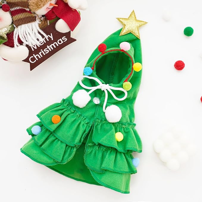 Vellibring Cat Christmas Outfit Green Pet Cloak with Hat with Star and Pompoms Puppy Cape Clothes Xmas Tree Elf Costumes Party Pet Supplies Accessories for Small Dogs Cats Pet Santa Presents