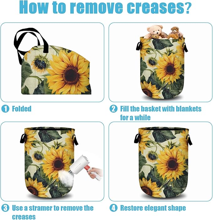 Retro Sunflower Laundry Basket, Floral Laundry Hamper Collapsible Oxford Cloth with Handle Clothes Storage Bin for Bathroom Laundry Room Bedroom 15.7 X 20 Inch