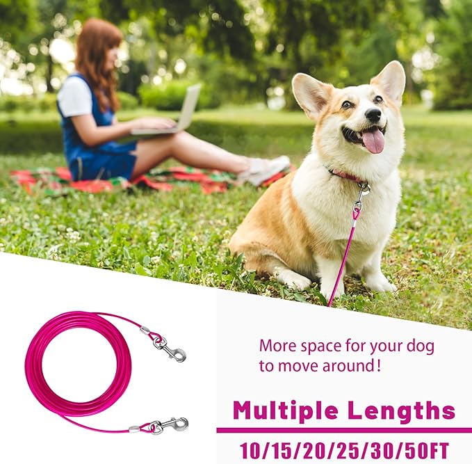 Dog Tie Out Cable 10/15/20/25/30/50 FT Dog Runner for Yard Steel Wire Dog Cable with Durable Superior Clips Pink Dog Chains for Outside Dog Lead for Large Dogs Up to 165 lbs