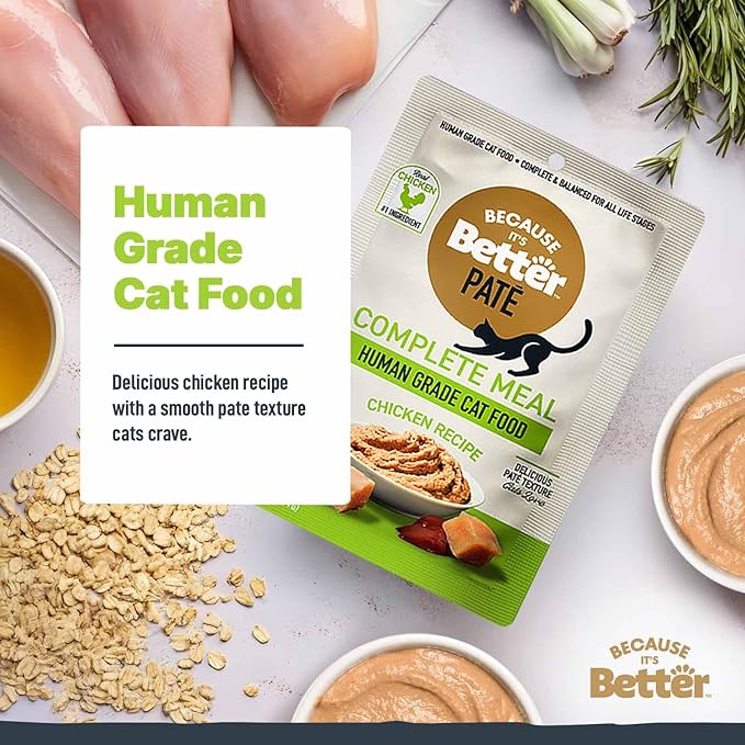 Because It’s Better Pate Complete Meal - Wet Cat Food - Real Chicken Recipe - Organic, Balanced, Smooth Pate Texture, Human-Grade Ingredients, Grain Free, 2.6 oz Pouches (12 Count)
