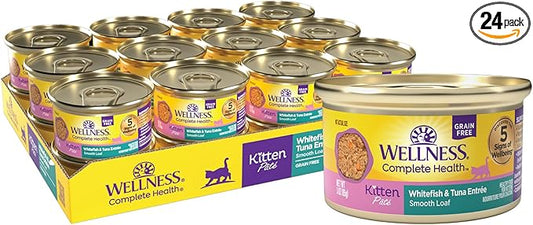 Wellness Complete Health Pate Kitten Canned Wet Cat Food, Natural, Protein Rich, Grain Free, Whitefish and Tuna Entrée Recipe, 3 oz, Pack of 24 Cans