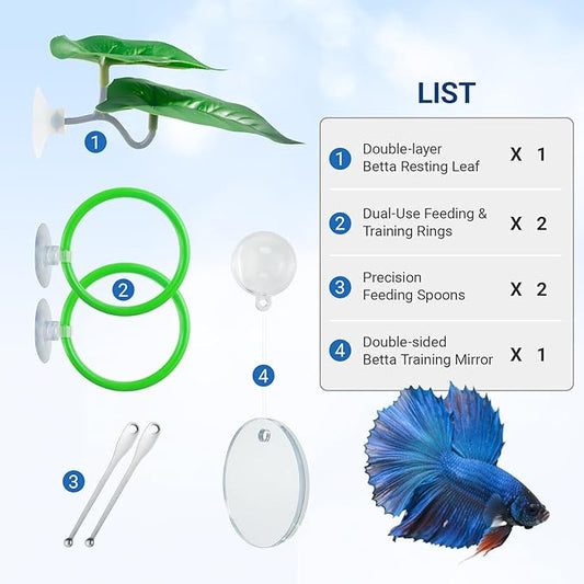 Betta Fish Toy Set: Betta Training Floating Mirror, Training/Feeding Ring, Spoon, and Resting Leaf. Promotes Exercise. Betta Toys, Resting & Feeding Kit.