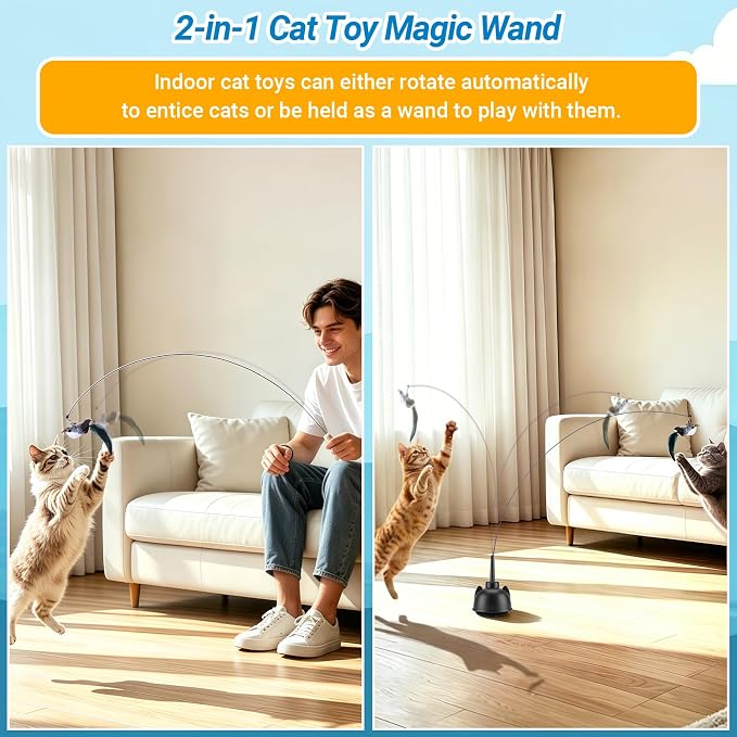 Interactive Cat Toys for Indoor Cats Toy Wand 360° Flying Bird Cat Toy | 2 Speed Adjustable Flying Bird Cat Toy Automatic Cats Toys with Self ON/OFF Feather Toy Suction Cup Electric Cat Teaser Wand