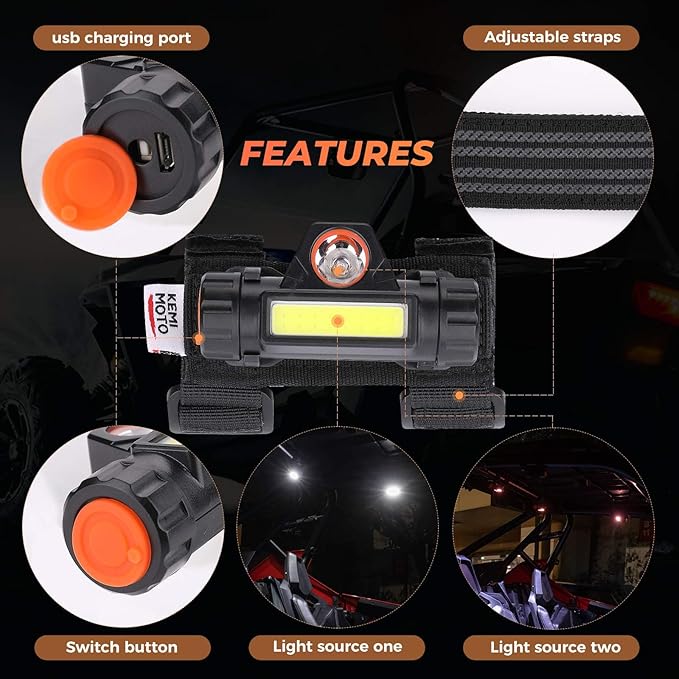 KEMIMOTO UTV Dome Light Roll Bar Cage Mount Rechargeable Interior Lights Compatible with Polaris RZR Can Am Talon Kawasaki Golf Cart Boat Off-Road-Work for 1.5 in-2.0 in Ironwork 1-Pack