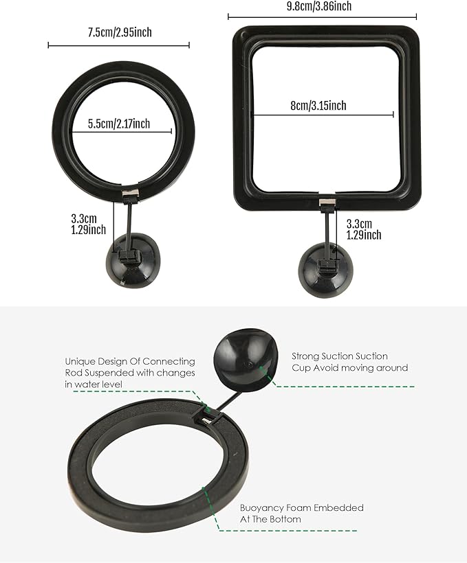 Fish Feeding Ring, 2 Pack Black Aquarium Floating Food Feeder Circle Small Round and Square with Flexible Lever Suitable and Suction Cup, Reduces Fish Feeder Waste and Maintains Water Quality