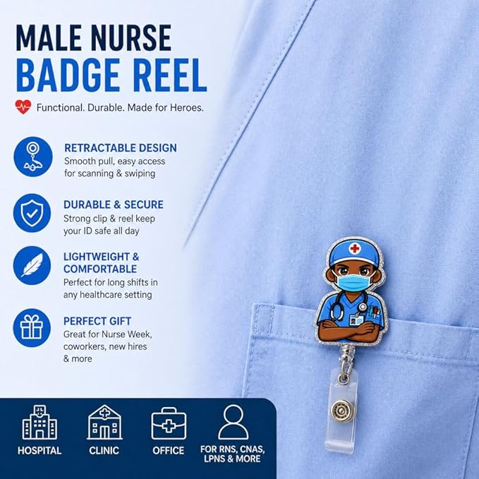 Cute Male Nurse Badge Reel Retractable ID Holder Clip for Men Nurses Nursing Staff CNA RN LPN Nurse Week Appreciation Hospital Office Staff Professional Healthcare Name Tag Uniform Accessories Gifts