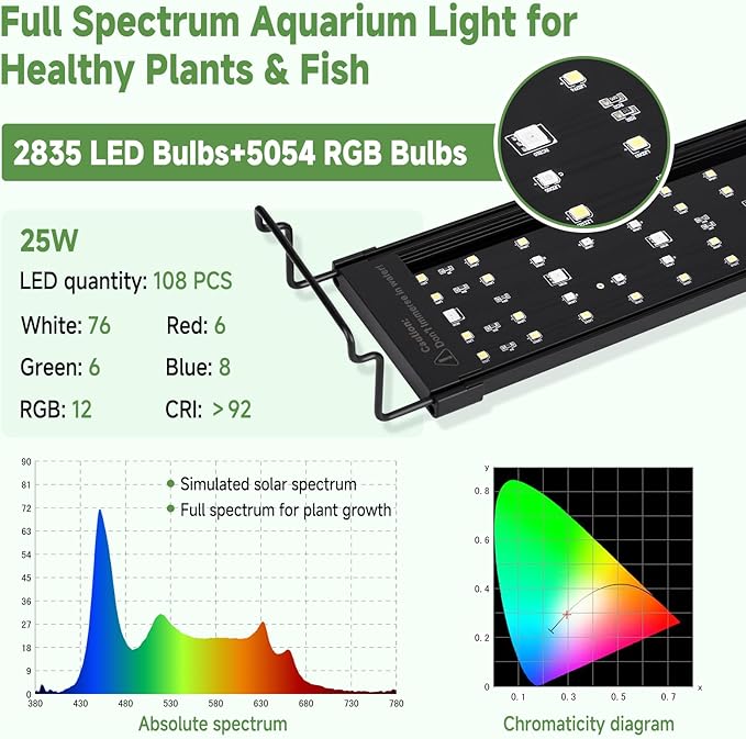 hygger LED Aquarium Light with Timer, 25W Full Spectrum Fish Tank Plant Growth Lamp, 24 H Remote Control, Adjustable Brightness & 10 Colors, Extendable Bracket, Power-Off Memory, Fits 24-30 Inch Tank