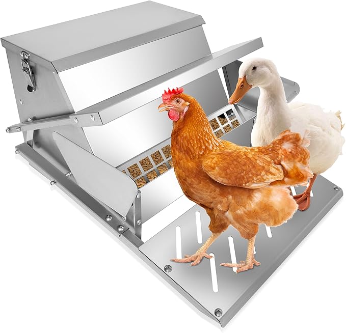 Automatic Metal Treadle Feeder 26lbs Capacity No Waste Automatic Chicken Feeder Galvanized Steel Large Metal Poultry Feeder Outdoor Coop Food Dispenser with Rain Cover