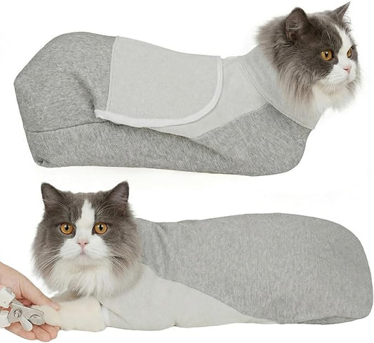 Cat Wrap for Cutting Nails, Self-Adhesive Cat Nail Clipping Restraint Bag, Anti-Scratch Cat Grooming Wrap Swaddle for Meds, SubQ Fluids, Ear Cleaning, Teeth Brushing & Vet Visits,Grey,S