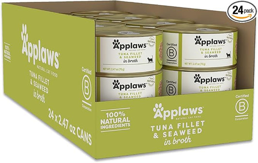 Applaws Natural Wet Cat Food, 24 Count, Limited Ingredient Canned Wet Cat Food, Tuna with Seaweed in Broth, 2.47oz Cans
