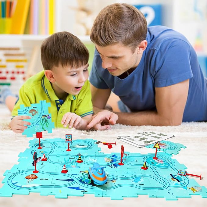 Puzzle Track Car Play Set, Plastic Puzzles for Kids Ages 3-5 with Vehicles, Electric Trolley Puzzle, Car Tracks for Toddlers, Toys Gifts for 3 4 5 6 Year Old Boys Girls