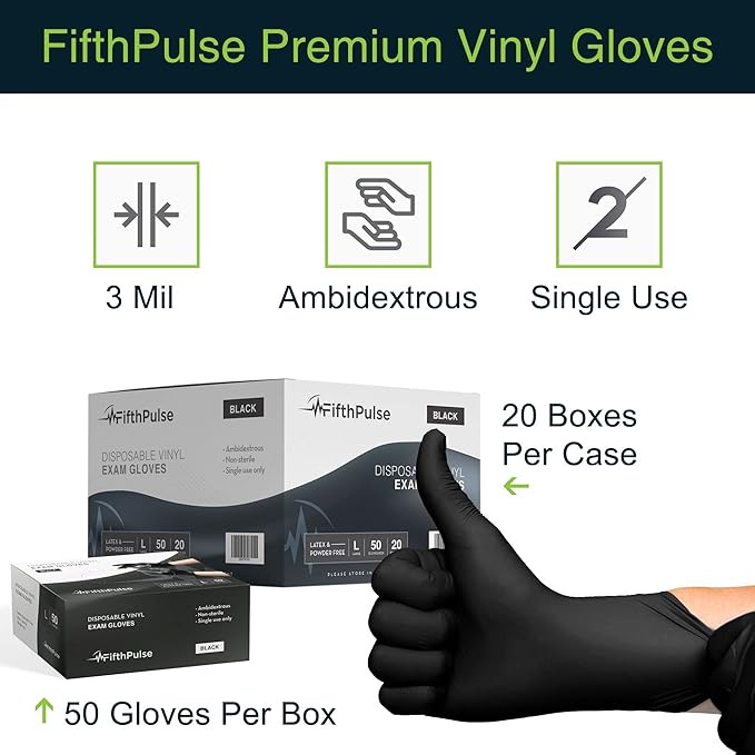 FifthPulse Black Vinyl Disposable Gloves - Powder and Latex Free Medical Exam Gloves