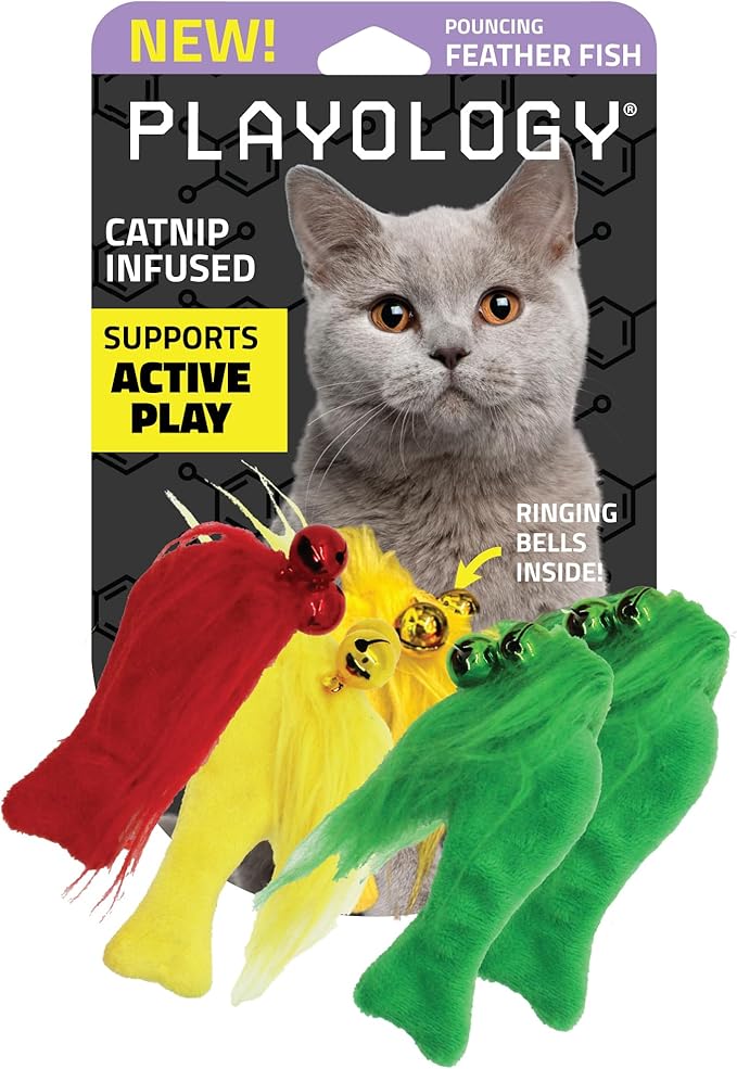 Playology Cat Toys | Catnip Toy Feather Fish (Value 5-Pack) for Chewing Chasing and Pouncing | Interactive Cat Toys for Indoor Cats