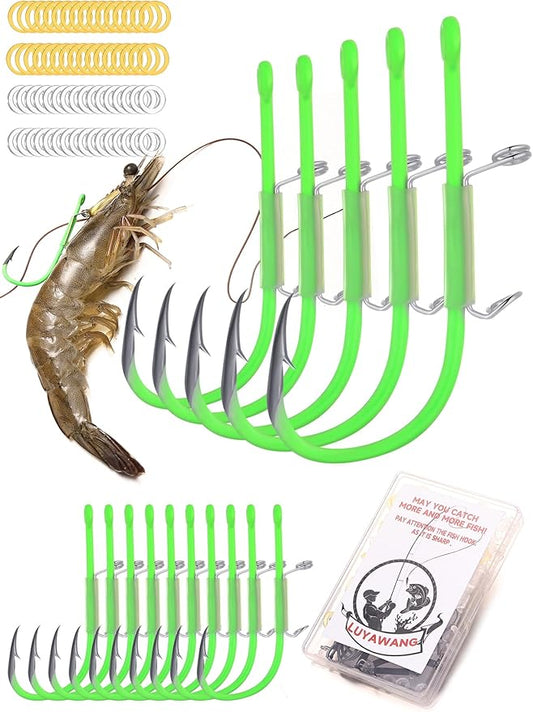 Luminous Shrimp Hooks 10/40 Packs Saltwater Fishing Hooks - Premium Carbon Steel Barbed Corrosion Resistant for Big Game Fish