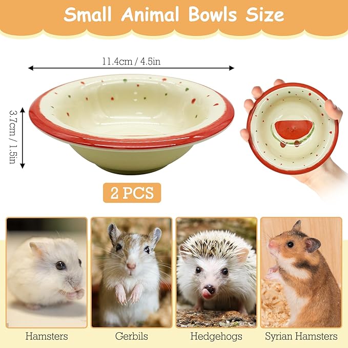kathson Hamster Ceramic Food Bowl Small Animal Bowls with Watermelon Pattern for Cage Guinea Pig Anti-Turning Food and Water Dish Pet Feeder for Gerbil Hedgehog 2PCS