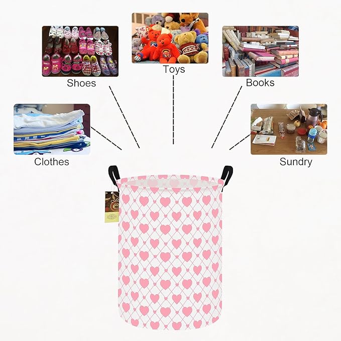 Collapsible Fabric Storage Basket, Waterproof Laundry Hamper with Handles, Round Storage Bin for Clothes Toys, Foldable Organizer for Bedroom Nursery Bathroom(Round-Heart)
