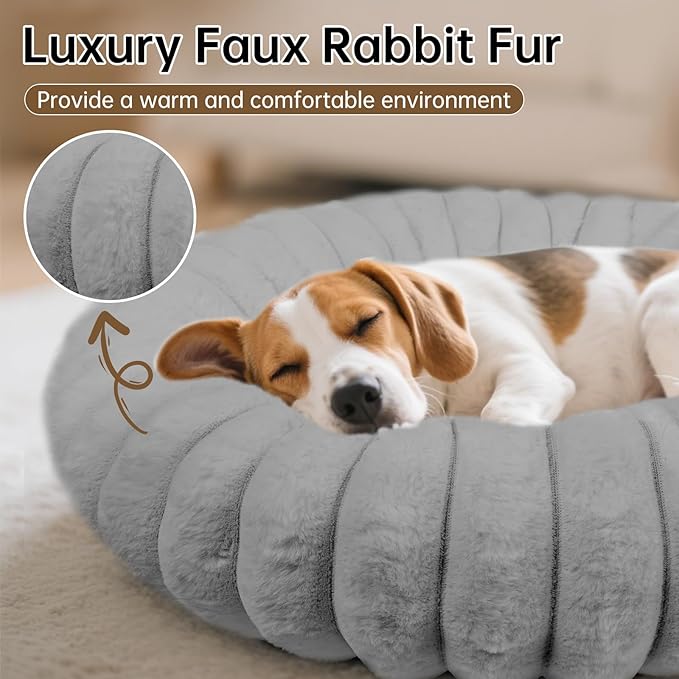 Donut Dog and Cat Bed, Luxurious Comfortable Faux Rabbit Fur Pet Beds, Round Anti-Anxiety Calming Puppy Kitten Bed with Anti-Slip Bottom for Small Medium Dogs & Cats(33", Brown)