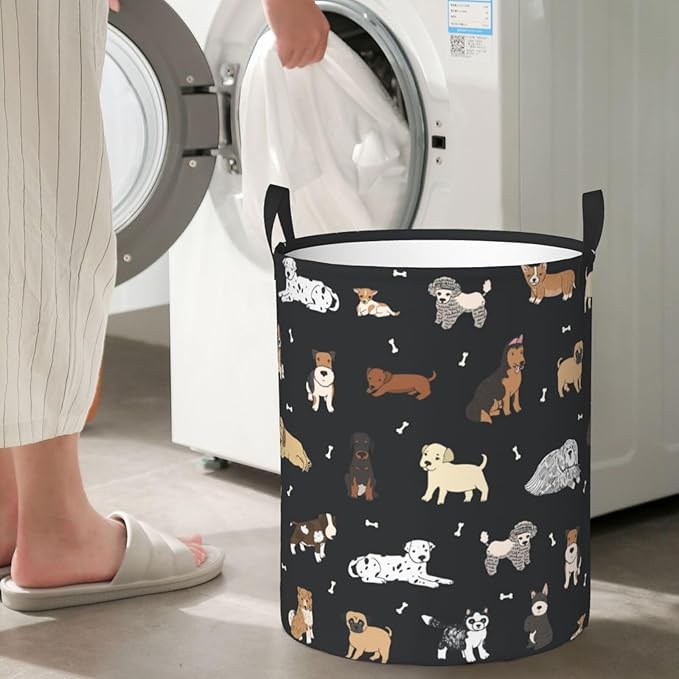 Cute Dogs Round Laundry Hamper Cartoon Puppy Animals Storage Basket Toys Clothes Organizer Bin For Home Bathroom Bedroom Dorm Nursery, 62l