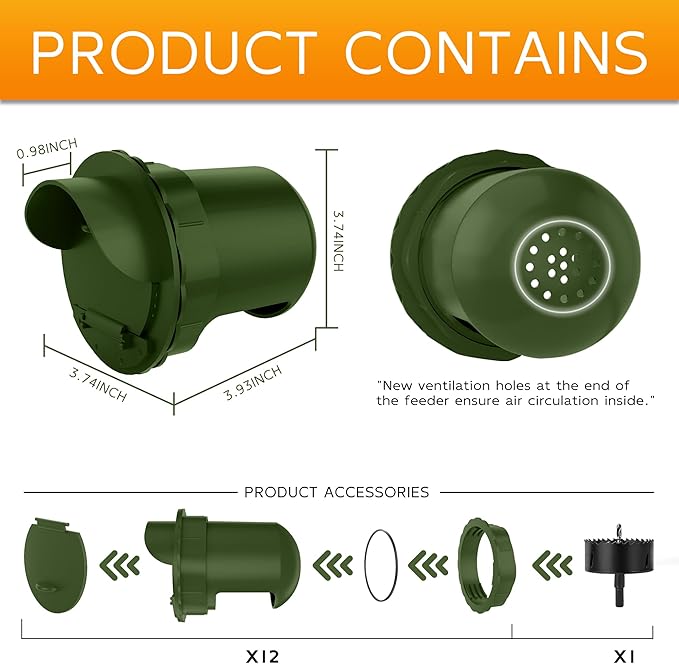 Chicken Feeder Port 12 Pack - No Waste DIY Poultry Feeding Kit with Stopper Lid & Hole Saw, Reusable Rain Proof Automatic Coop Gravity Feeder for Hens Ducks Geese (Green)