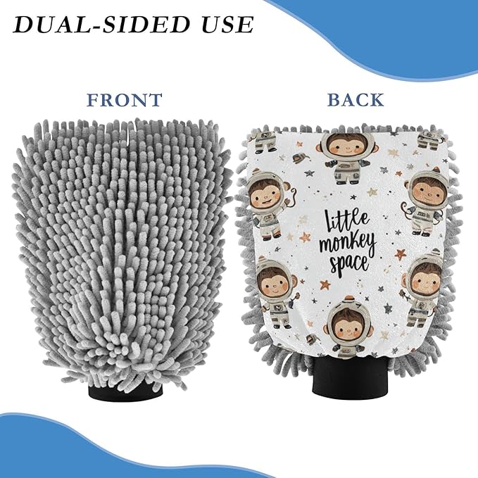 Car Wash Mitt Microfiber Wash Mitts for Car Washing Scratch-Free Cleaning Gloves Soft Non Absorbent Chenille Auto Hand Mitt Large 2Pack White Cute Monkeys in Spacesuits Stars