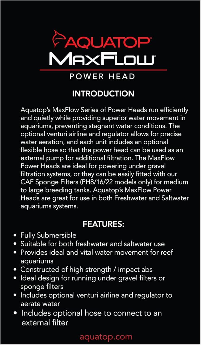 Aquatop MaxFlow 211 GPH Submersible Aquarium Power Head – High-Performance Water Pump – Quiet & Efficient – Ideal for Freshwater & Saltwater Aquariums