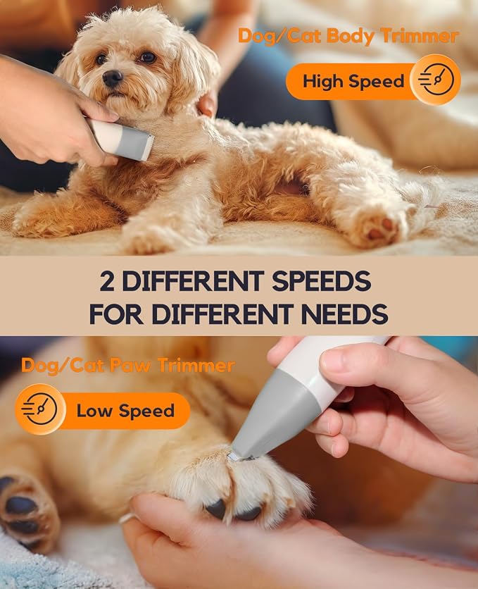 4 in 1 Rechargeable Dog Clippers Grooming Kit with 2 Speeds and Low Noise | Quiet Cordless Dog Hair Trimmer for Paw Nail Grinder, Cat Grooming Clippers for Trimming Hair on Paw Eye Ear Face (Gray)
