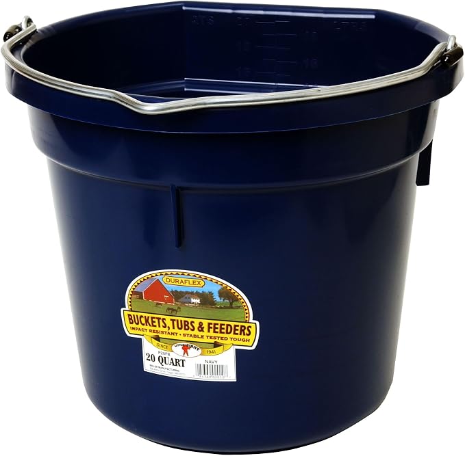 Little Giant® Flat Back Plastic Animal Feed Bucket | Animal Feed Bucket with Metal Handle | Horse Stall Feeding and Watering Supplies (Navy, 20 Quart)