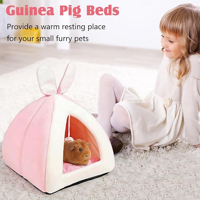 Fhiny Rabbit Bed Cave Cozy Guinea Pig Hideout Cute Bunny Bed Large House Winter Nest Dwarf Rabbit Cage Accessories for Chinchilla Ferret Hedgehog or Other Small Animals（Pink）