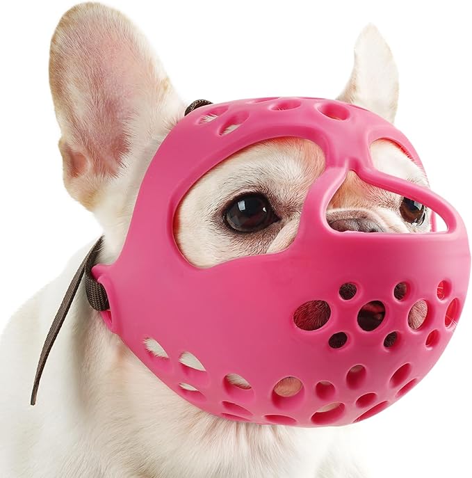 BARKLESS French Bulldog Muzzle, Soft Silicone Short Snout Dog Muzzle for Pug Boston Terriers, Brachycephalic Dog Mouth Guard to Prevent Biting, Ideal for Grooming, Allows Panting (Hot Pink, M)